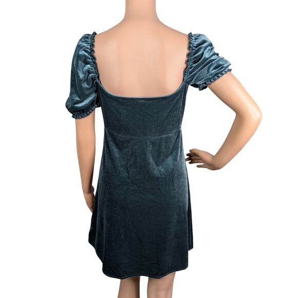 Urban Outfitters Cassandra Green Velvet Puff Sleeve Empire Milkmaid Mini Dress M - Picture 8 of 11